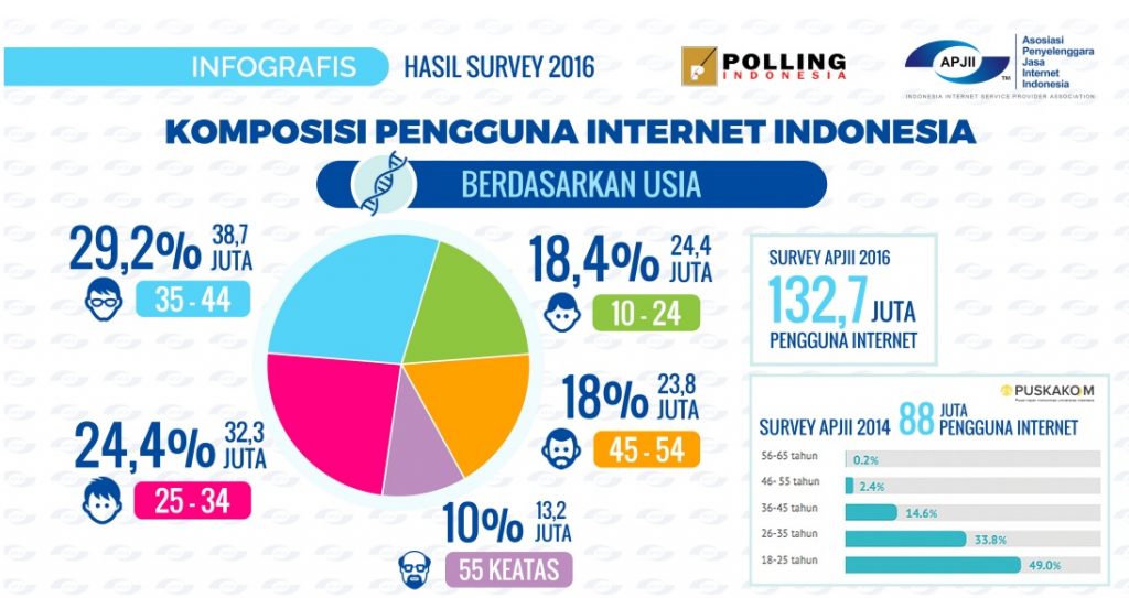 Komposisi Pengguna Internet di Indonesia 2016 berdasarkan usia